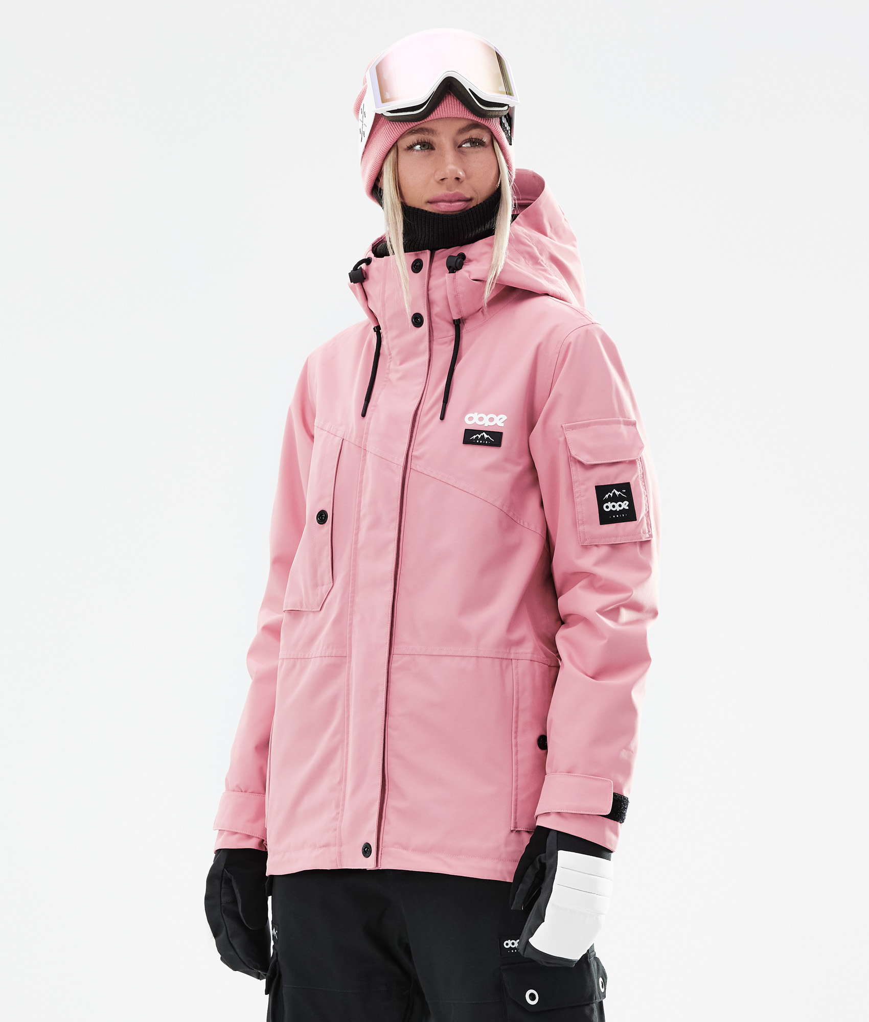 pink ski jacket with fur hood