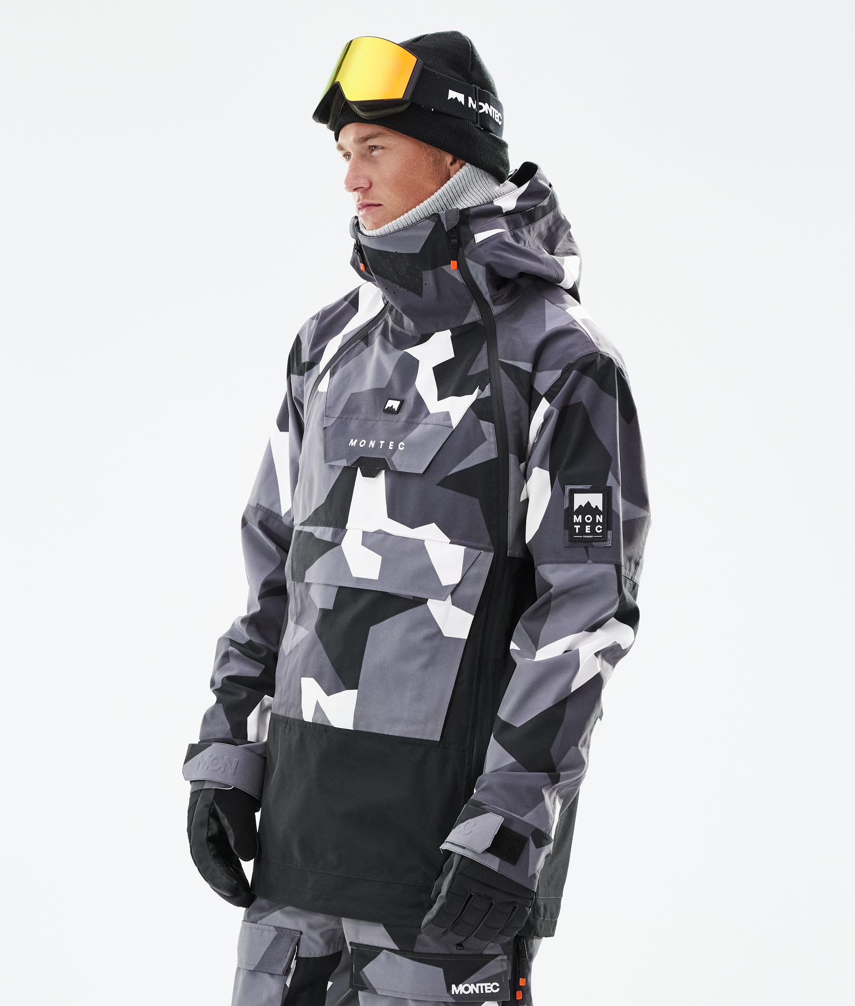 white camo snowboard jacket and pants