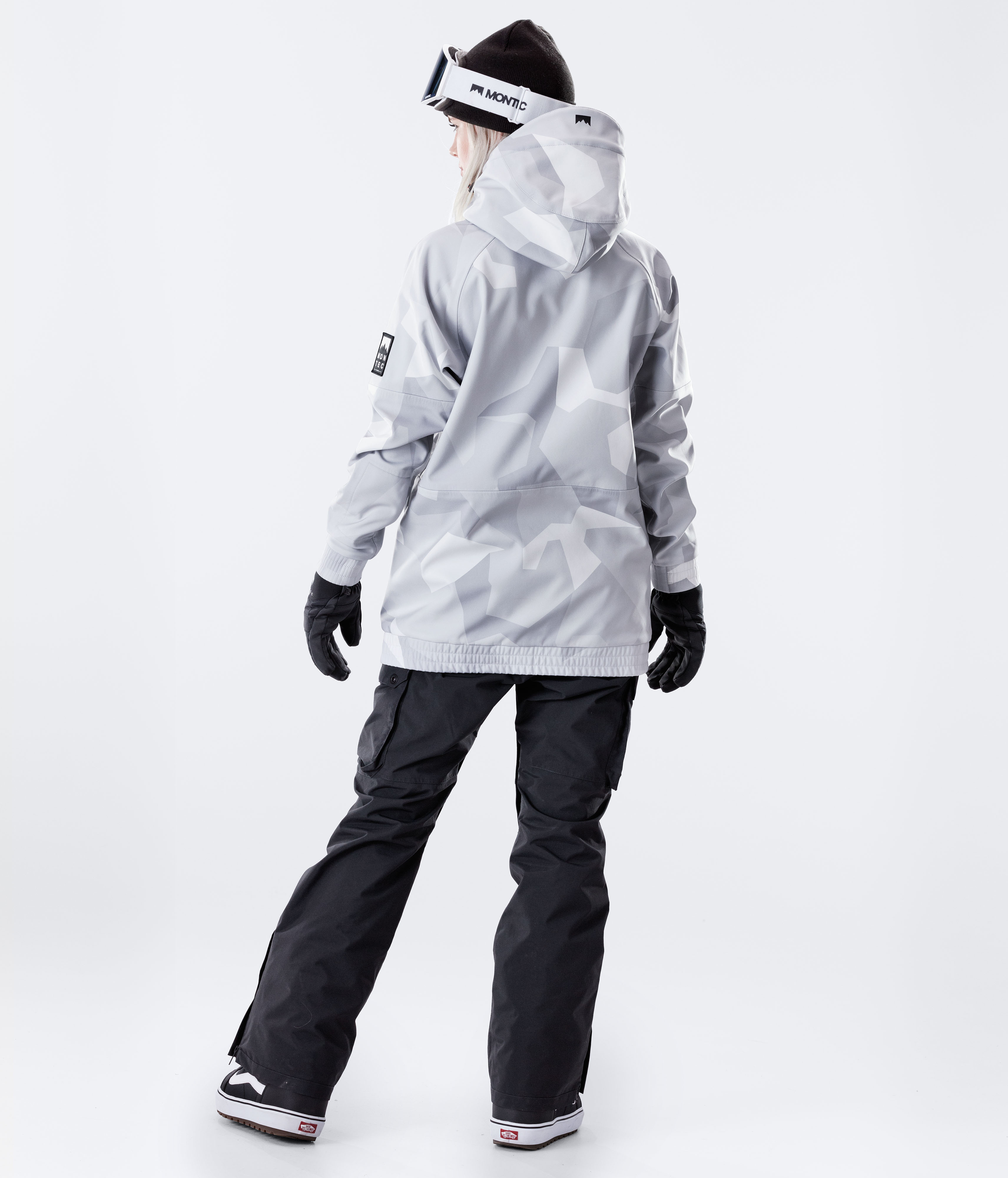 white camo snowboard jacket and pants