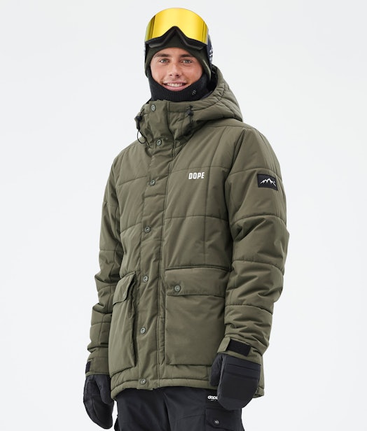 Puffer Full Zip Snowboard Jacket Men Olive Green